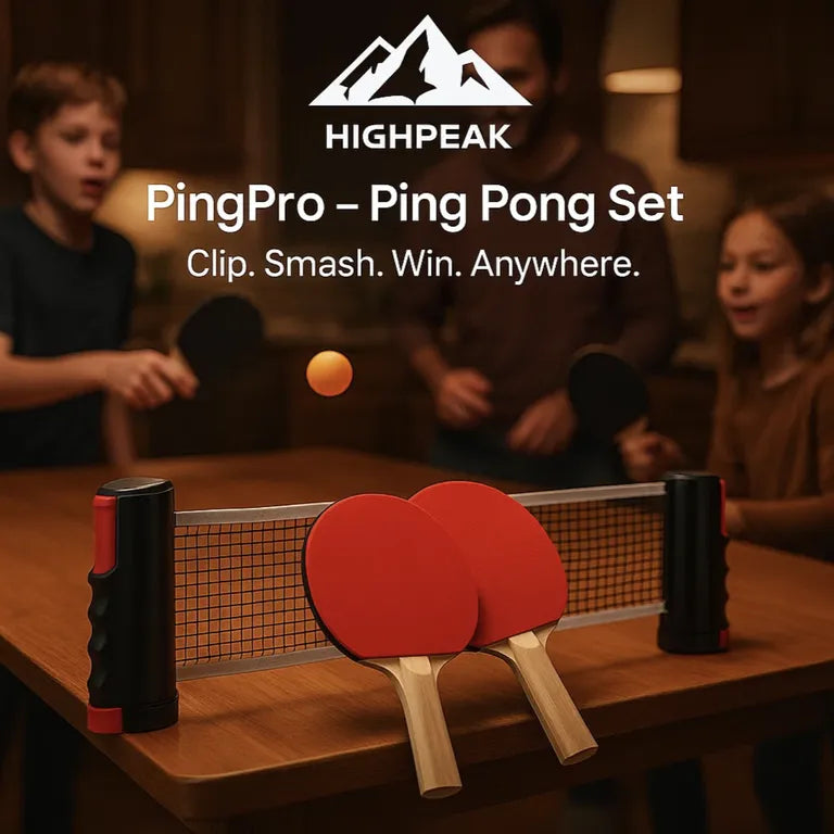 HighPeak PingPro™ portable table tennis set with retractable net and red paddles on wooden table in playful indoor setting