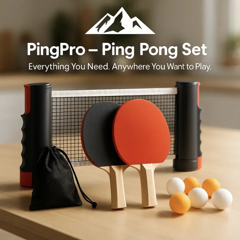 PingPro™ Portable Table Tennis Set with retractable net, two paddles, balls, and carry bag on a wooden table by HighPeak