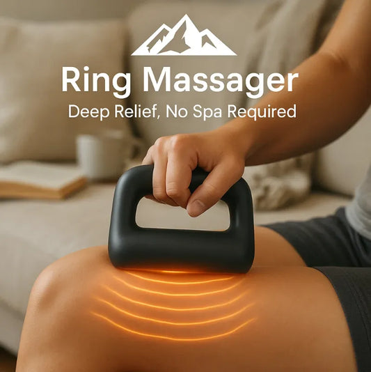 HighPeak Ring Massager in black shown massaging a knee with deep relief waves, portable muscle recovery device