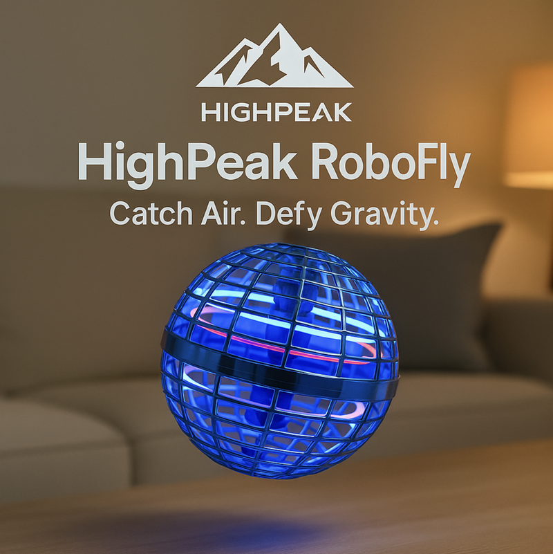 HighPeak RoboFly in blue with aerodynamic orb design floating above a wooden table in a cozy living room setting