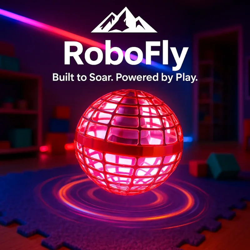 HighPeak RoboFly™ glowing red flying ball with LED lights hovering indoors on a play mat surface.