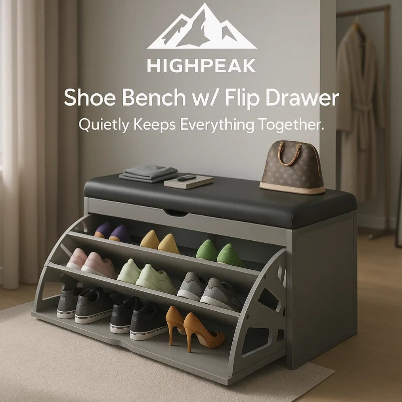 HighPeak Shoe Bench with Flip Drawer in gray with cushioned seat and organized shoe storage in a modern entryway setting