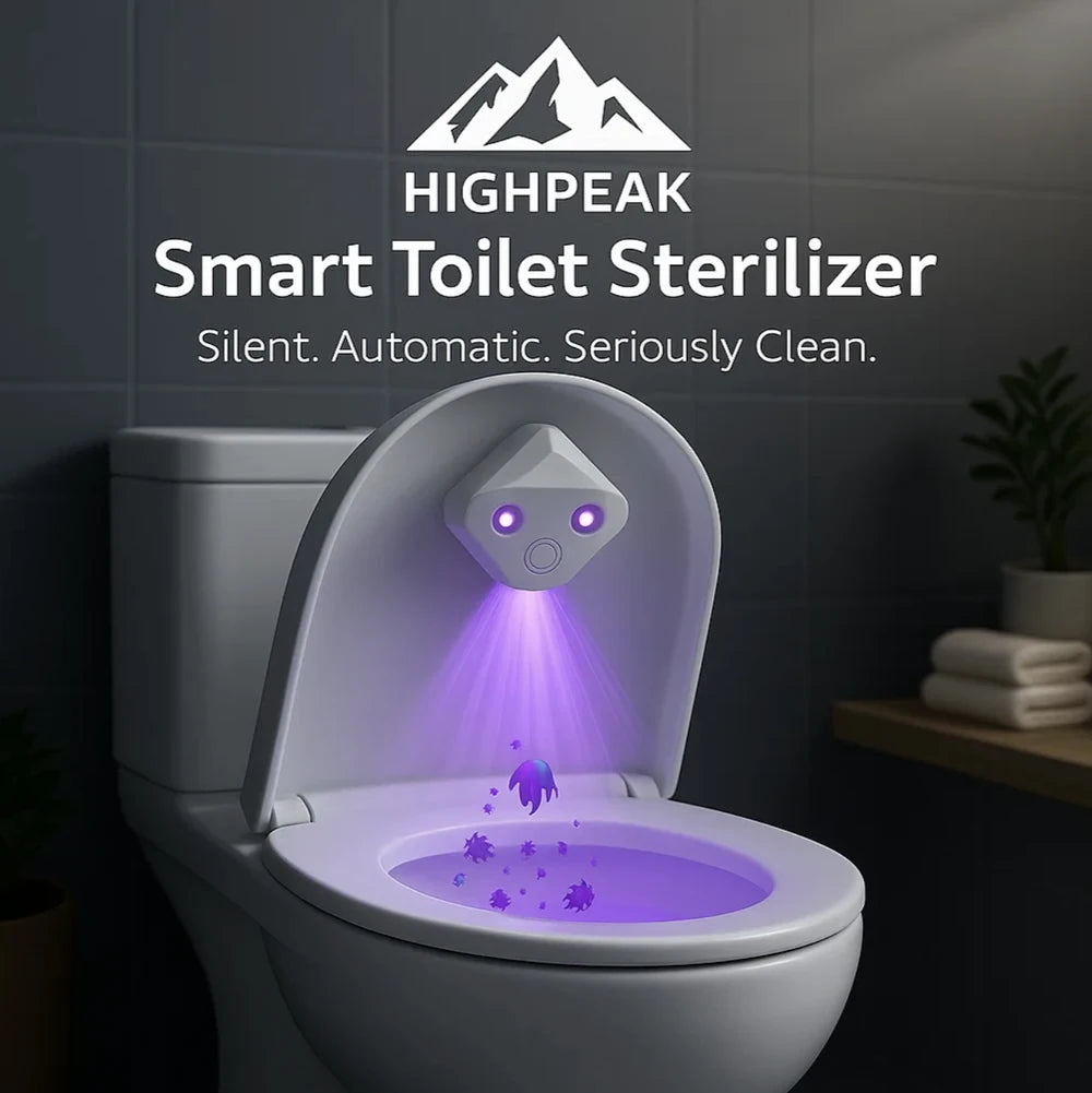 HighPeak Smart Toilet Sterilizer emitting purple UVC light inside a white toilet bowl in a modern bathroom setting