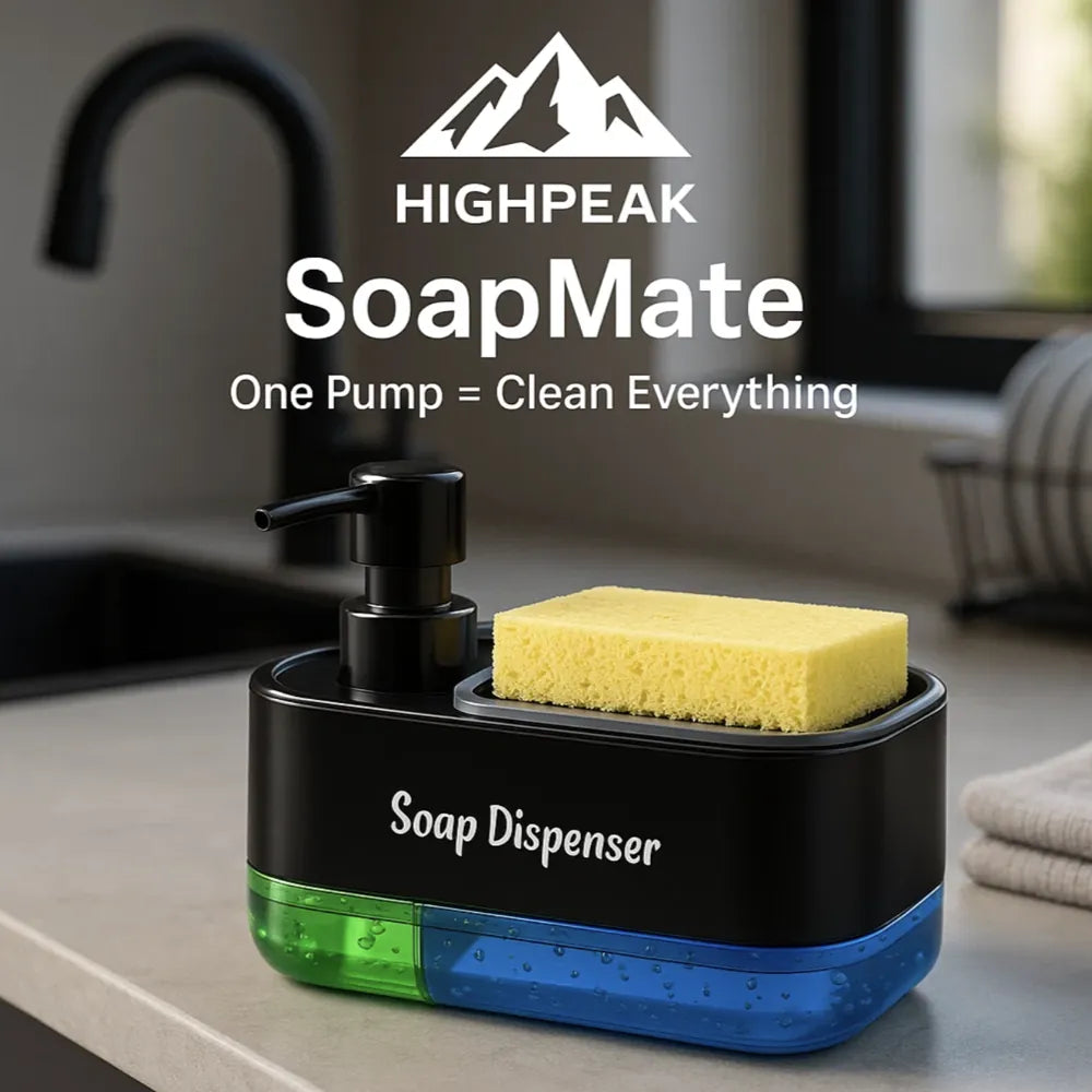 HighPeak SoapMate™ black soap dispenser with dual chambers and sponge holder on kitchen counter by sink