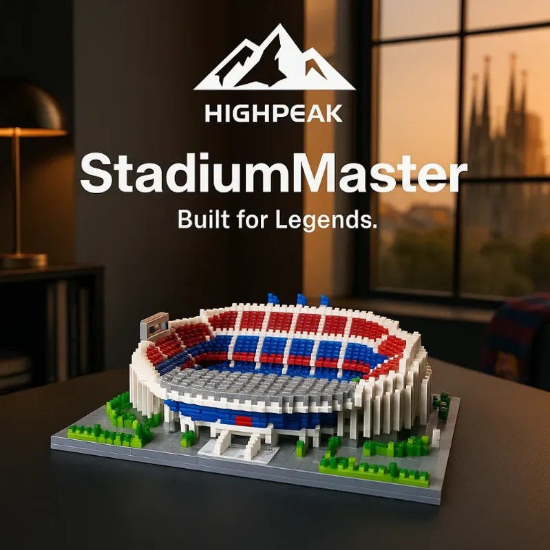 HighPeak StadiumMaster building block set featuring a detailed mini stadium model with red, white, and blue seating.