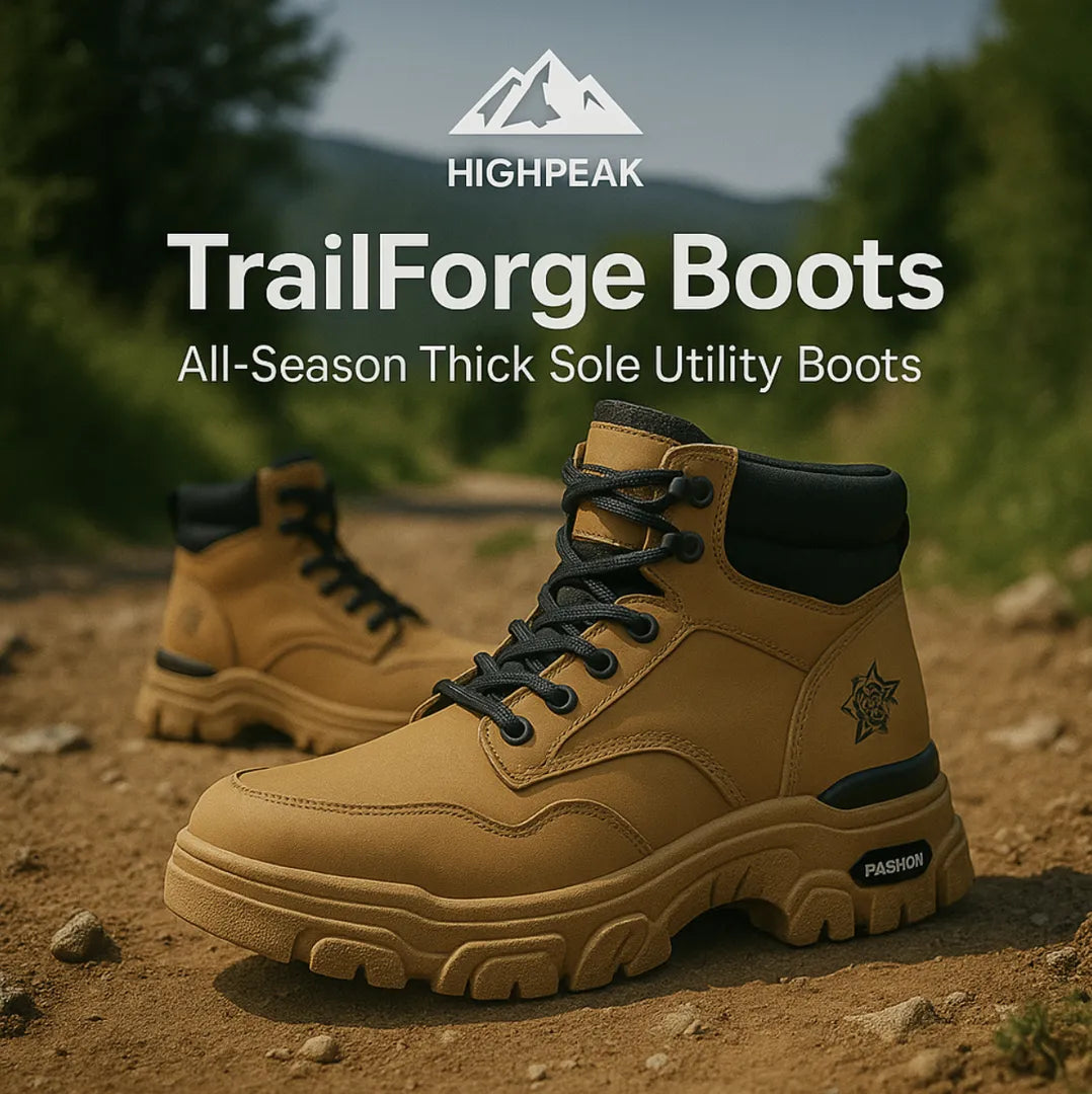 HighPeak TrailForge Boots in tan with thick sole and lace-up fit on rugged outdoor trail background