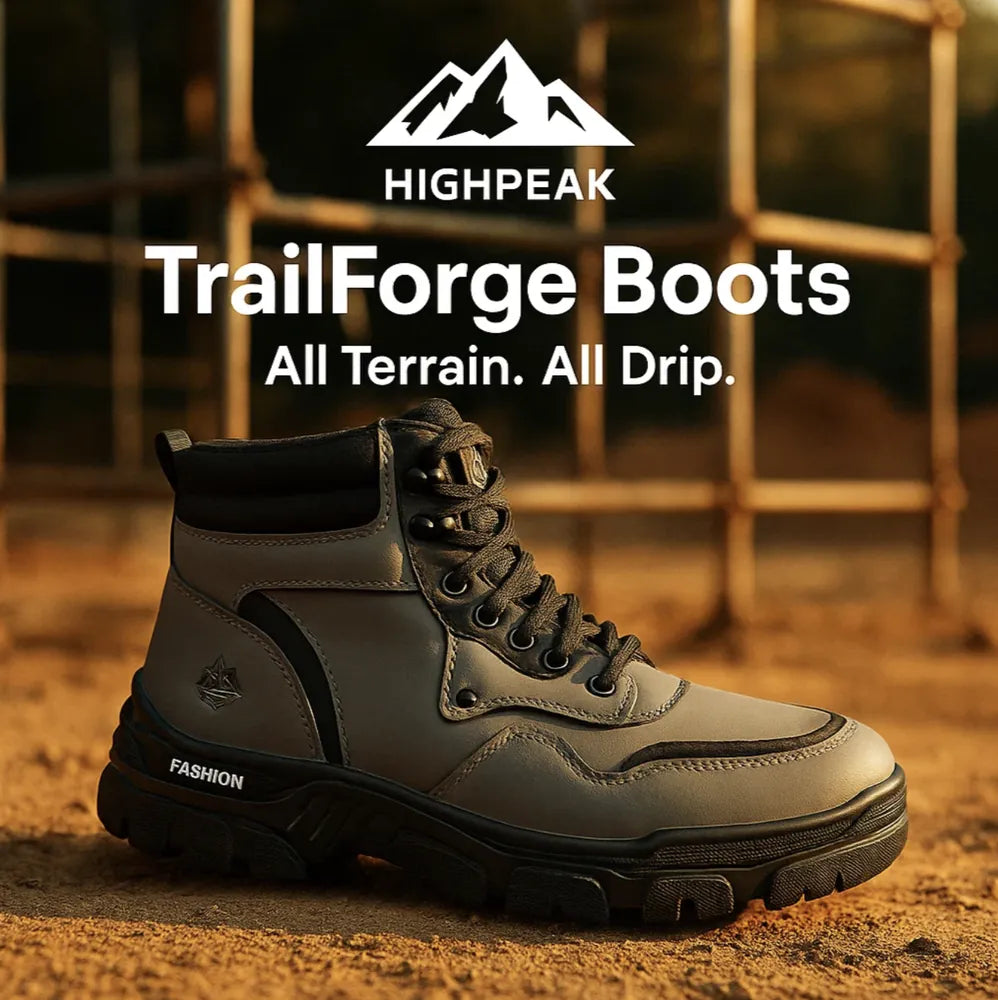 HighPeak TrailForge Boots in tan with black sole, lace-up fit, durable faux leather, shown outdoors on rugged terrain