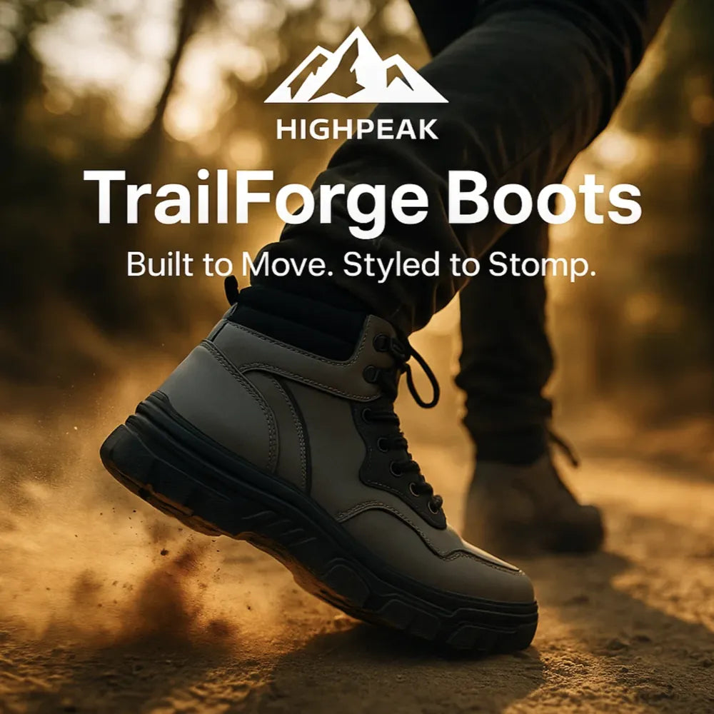 HighPeak TrailForge⢠Boots in gray with thick sole and lace-up fit on dusty trail, built for durability and grip
