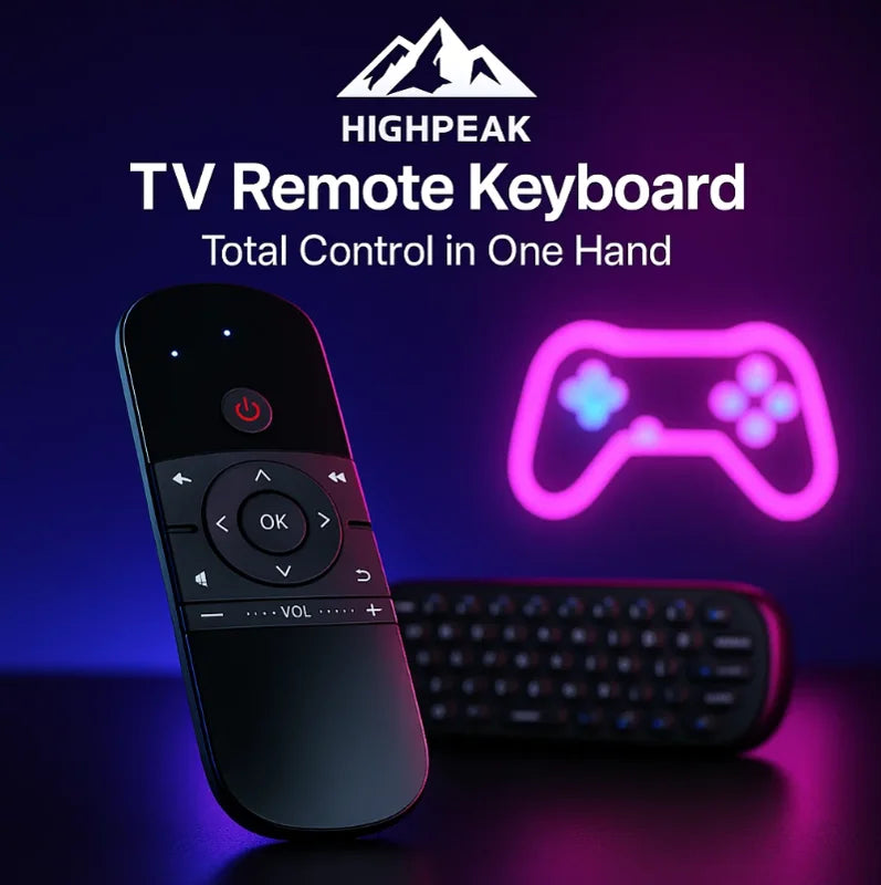 HighPeak TV Remote Keyboard in black with backlit keys and motion control, shown with neon gamepad light background