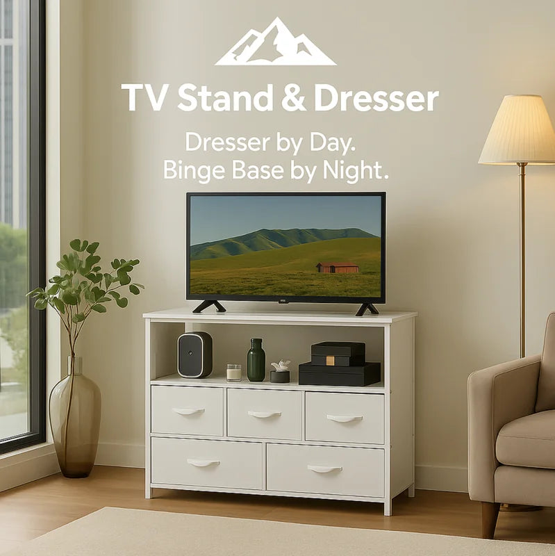 HighPeak TV Stand & Dresser in white with six drawers, open shelves, and TV in a modern living room setting