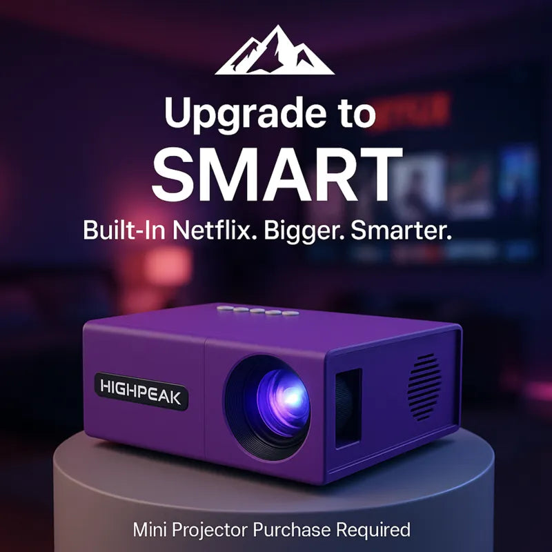 HighPeak Upgrade to SMART projector in purple with built-in Netflix, showcasing sharp 4K visuals in a dark entertainment room.