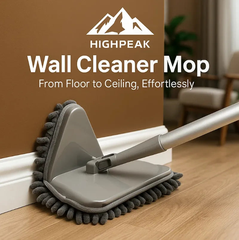 HighPeak Wall Cleaner Mop in gray with microfiber pads cleaning baseboards on a wood floor near a brown wall