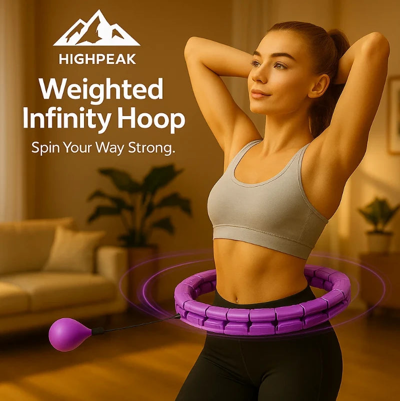 HighPeak Weighted Infinity Hoop in purple with detachable links worn by woman exercising indoors at home.