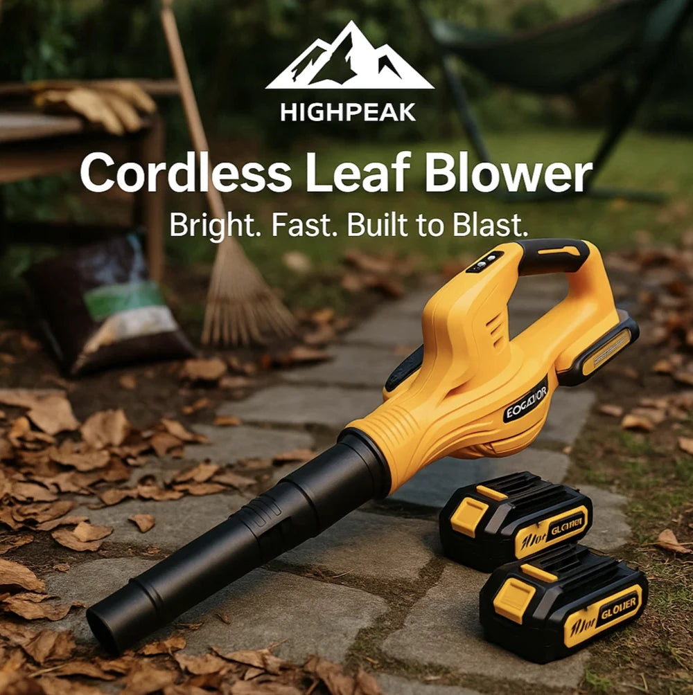 HighPeak Cordless Leaf Blower in yellow with two batteries on a stone path clearing dry autumn leaves outdoors