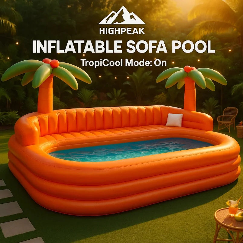 HighPeak Inflatable Sofa Pool in orange with built-in palm trees and blue pool, set in a tropical backyard setting