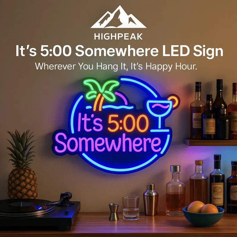 HighPeak It’s 5:00 Somewhere LED Sign with colorful neon cocktail and palm tree design in a stylish home bar setting