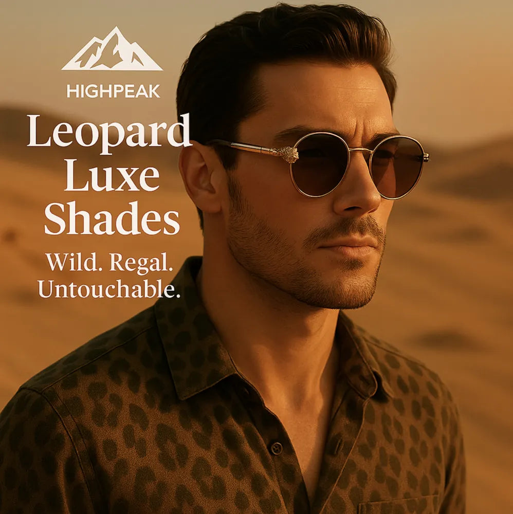 HighPeak Leopard Luxe Shades with gold leopard hinges and gradient lenses worn by a man in desert at sunset