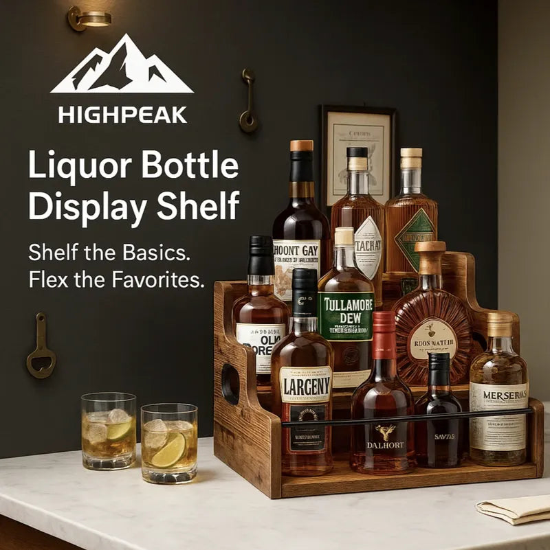 HighPeak Liquor Bottle Display Shelf in rustic wood with 3 tiers holding assorted bottles on a kitchen counter