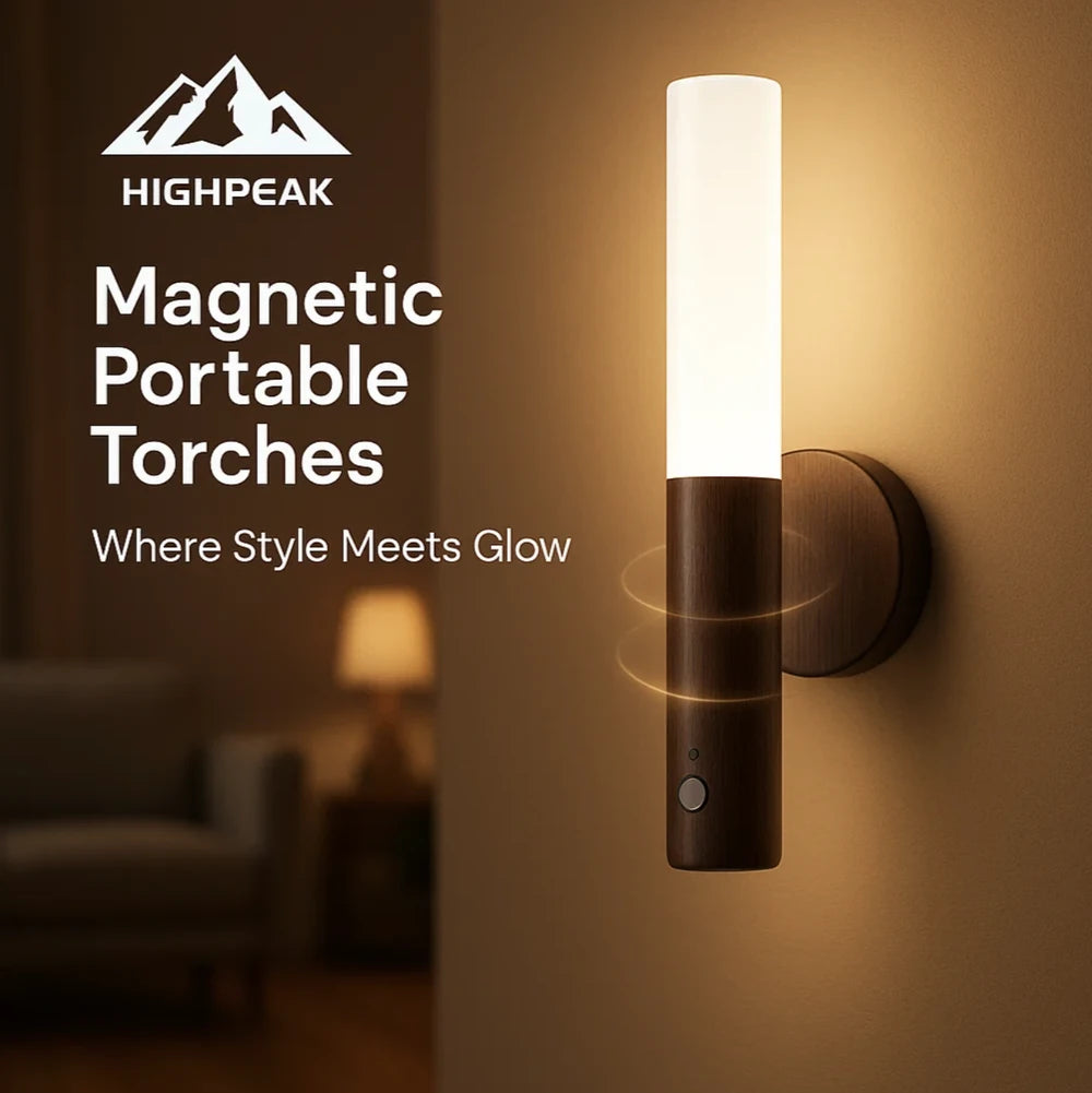 HighPeak Magnetic Portable Torch Lights in walnut finish mounted on wall glowing softly in a cozy living room environment