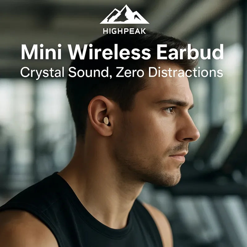 HighPeak Mini Wireless Earbud in beige worn by man in gym with focus on clear, distraction-free sound and stealth design