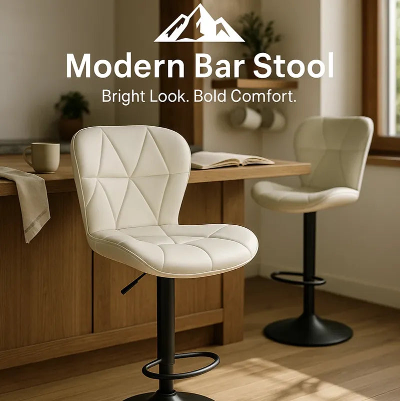 Modern Bar Stool by HighPeak in beige faux leather with padded seat and back, height adjustable with swivel base in a kitchen setting.
