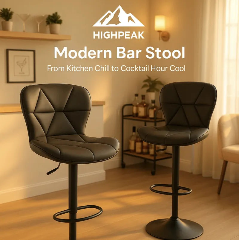 HighPeak Modern Bar Stool in black faux leather with padded seat and backrest, height adjustable with swivel base in cozy kitchen setting