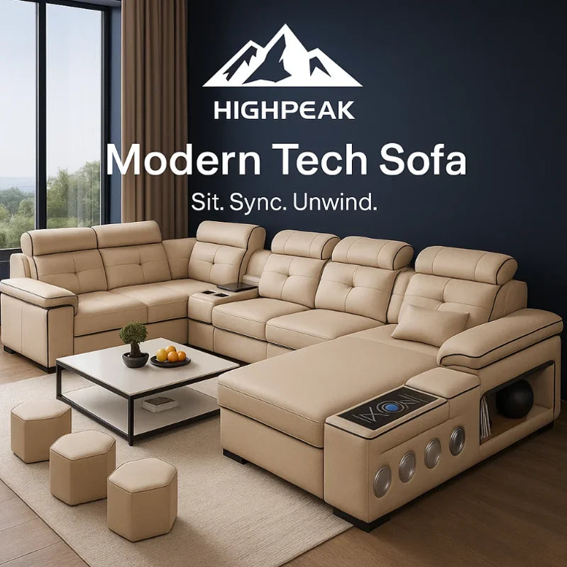 HighPeak Modern Tech Sofa in beige leather with Bluetooth speakers, USB charging ports, and spacious chaise in modern living room