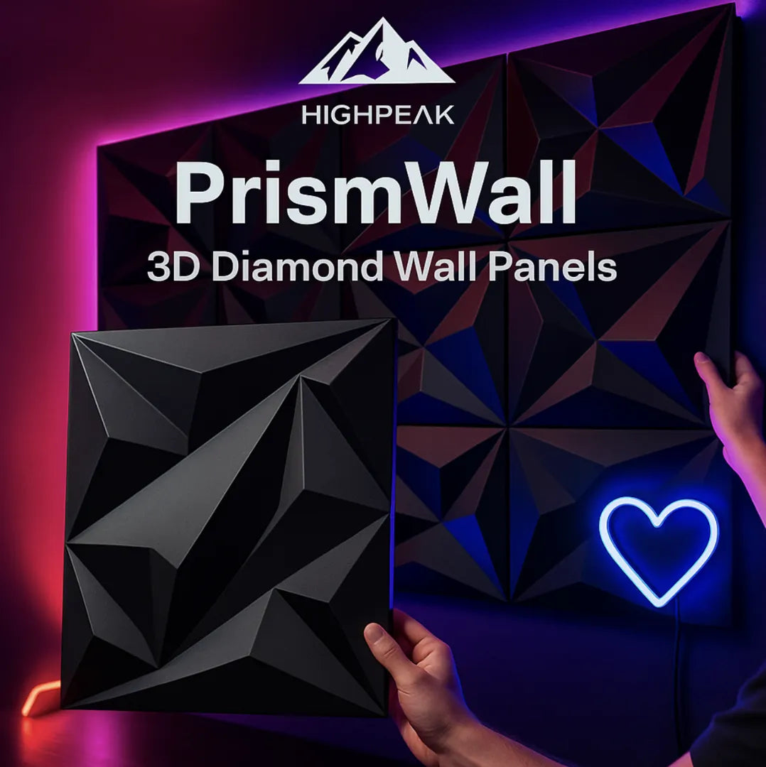 HighPeak PrismWall™ 3D Diamond Wall Panels in black with geometric texture illuminated by purple lighting in modern room setting