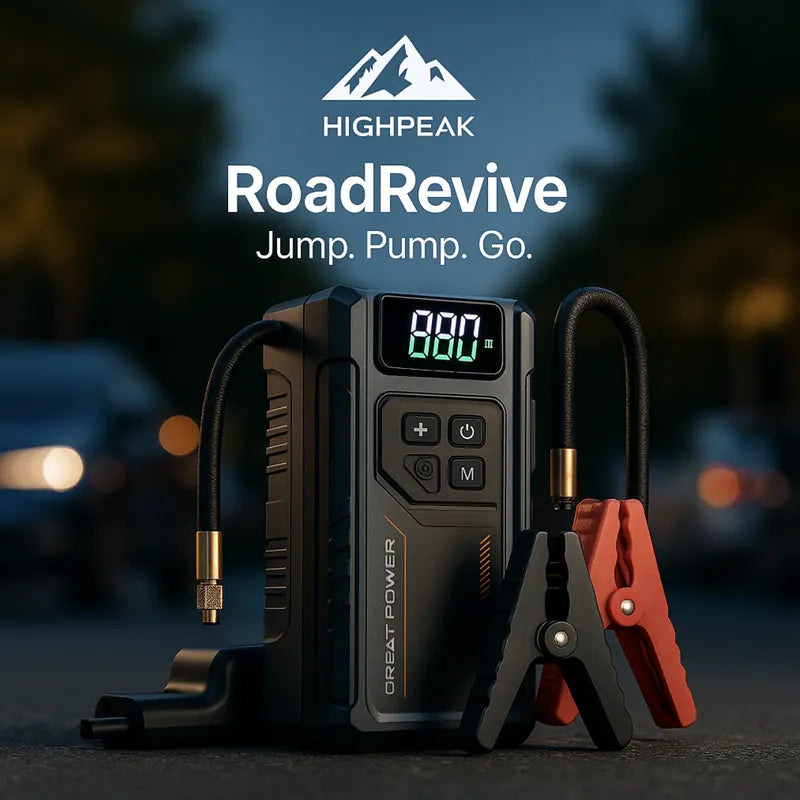 HighPeak RoadRevive™ jump starter with digital display, black and red clamps, and built-in air compressor at dusk