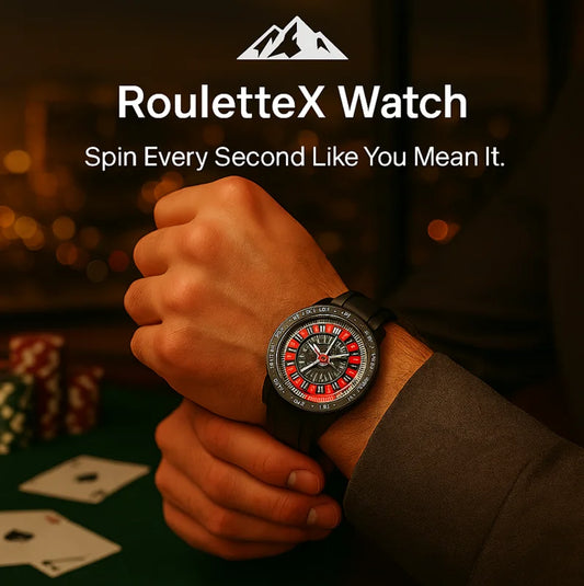 HighPeak RouletteX™ Watch with spinning roulette dial and black strap worn on wrist over casino table background
