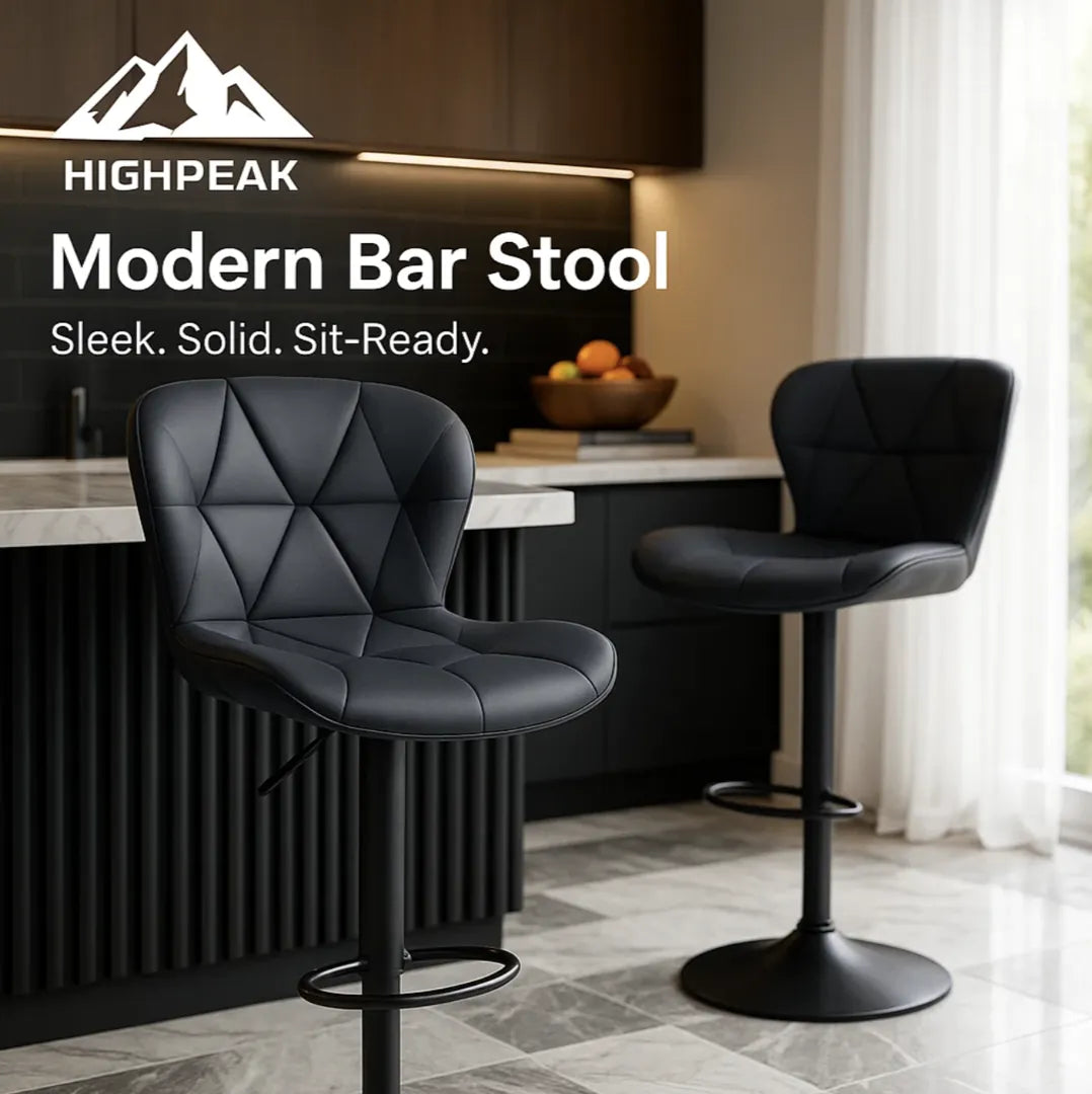 HighPeak Modern Bar Stool in black faux leather with padded seat and 360° swivel by a kitchen island setting