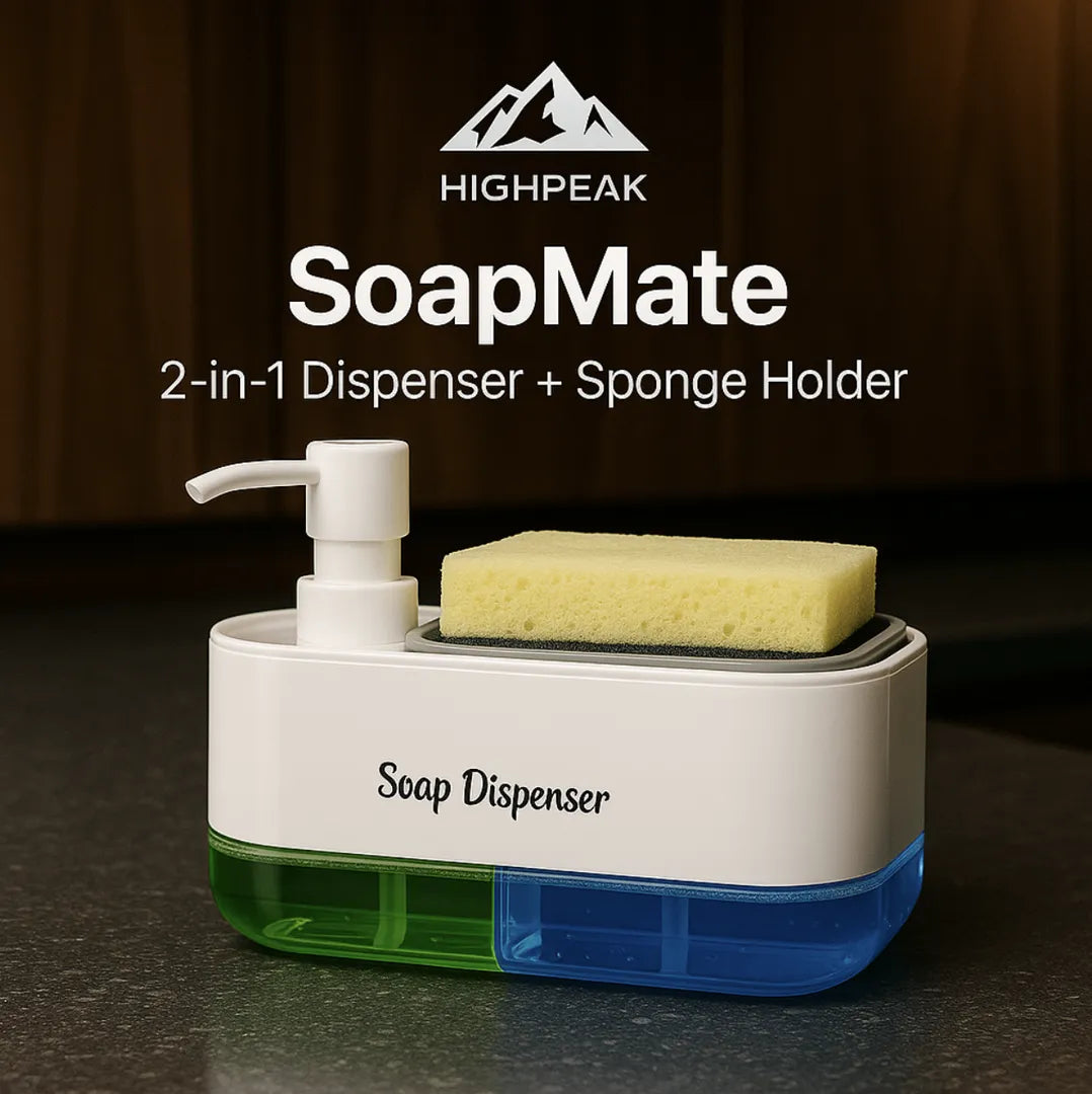 HighPeak SoapMate™ 2-in-1 soap dispenser and sponge holder in white with green and blue chambers on a dark countertop