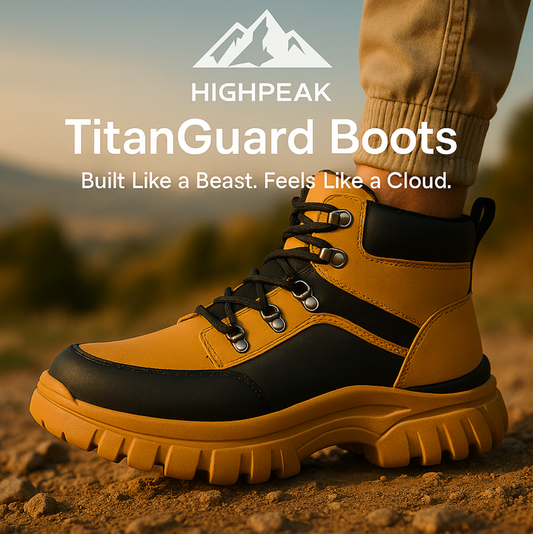 HighPeak TitanGuard™ safety boot in yellow and black on rocky terrain showcasing durable steel toe and rugged sole design