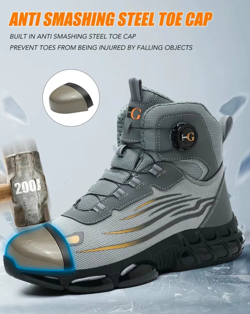 TitanStep Boots in gray with steel toe cap, showcasing anti-smashing protection and durable mesh upper by HighPeak.