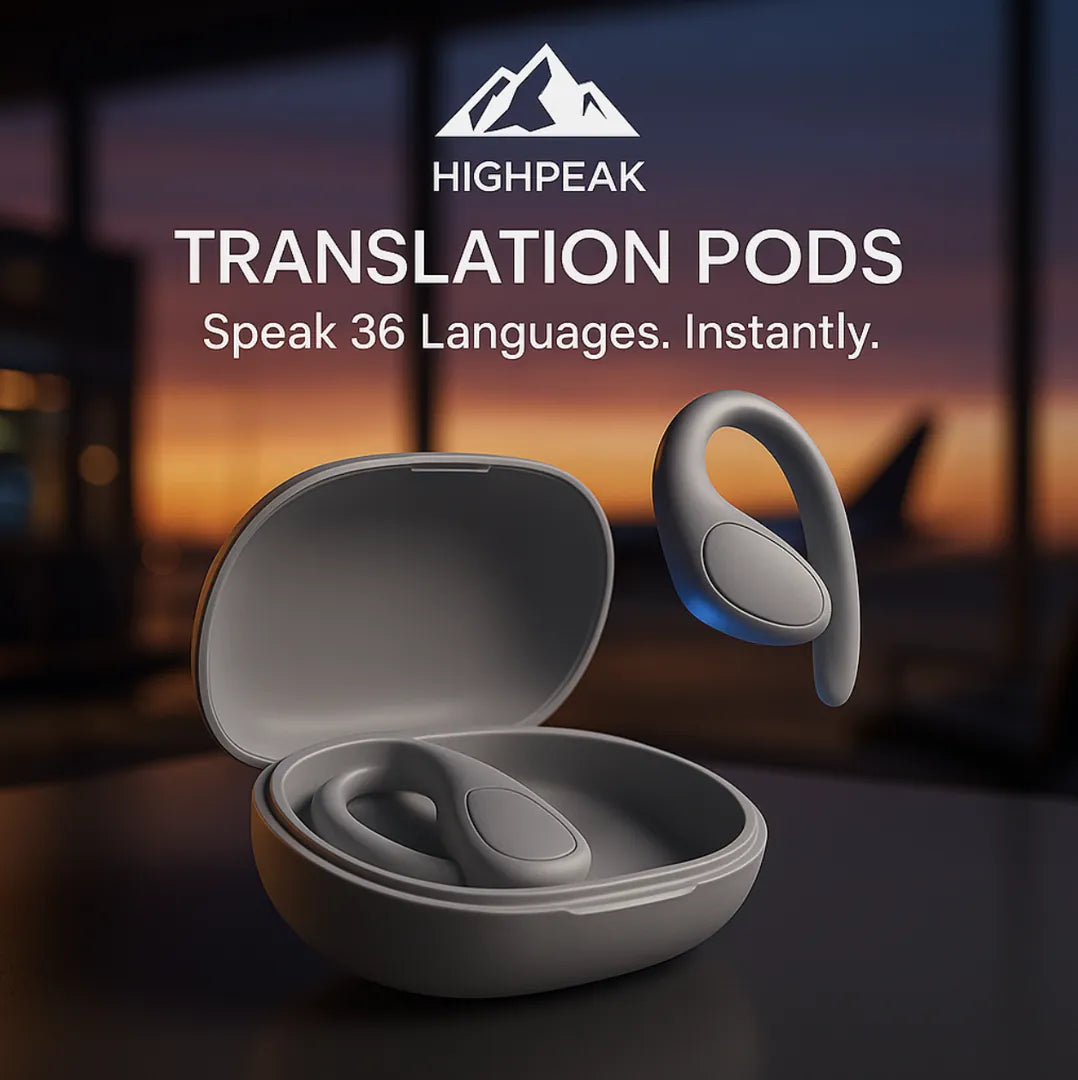 HighPeak Translation Pods in matte gray with charging case, highlighting real-time translation of 36 languages.