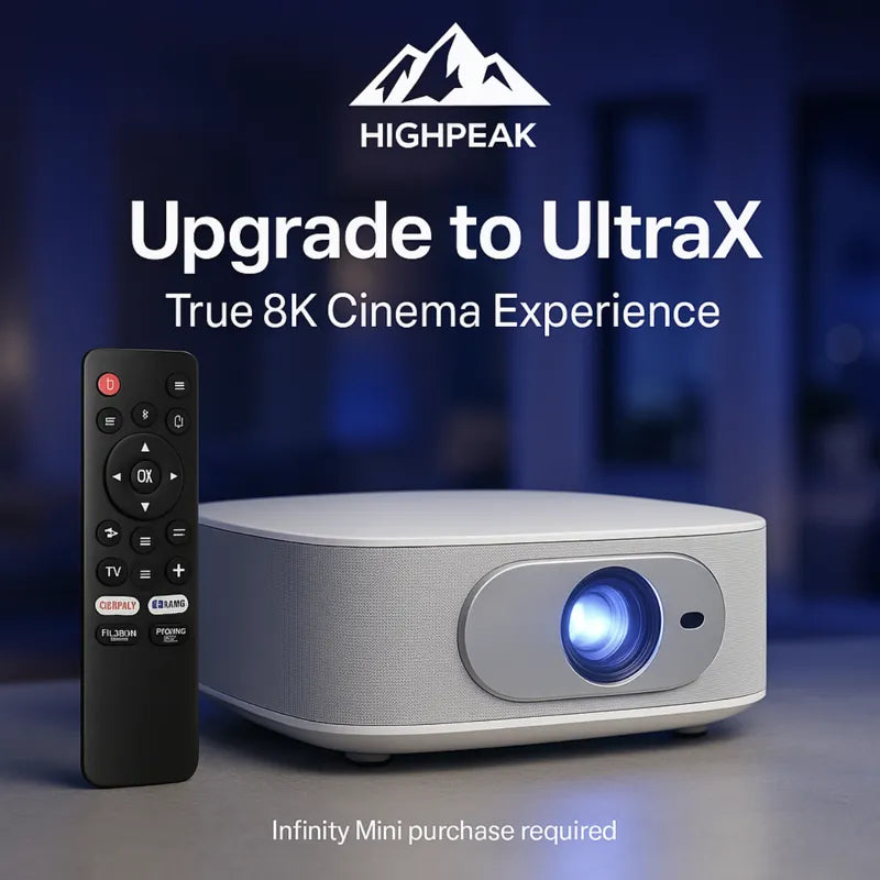 HighPeak Upgrade to UltraX projector with remote showing true 8K cinema experience, requires Infinity Mini purchase first