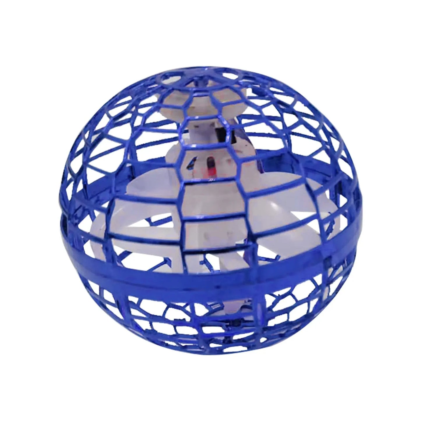 RoboFly™ flying fidget toy in bright blue with protective orb cage design showcasing its spherical drone technology structure