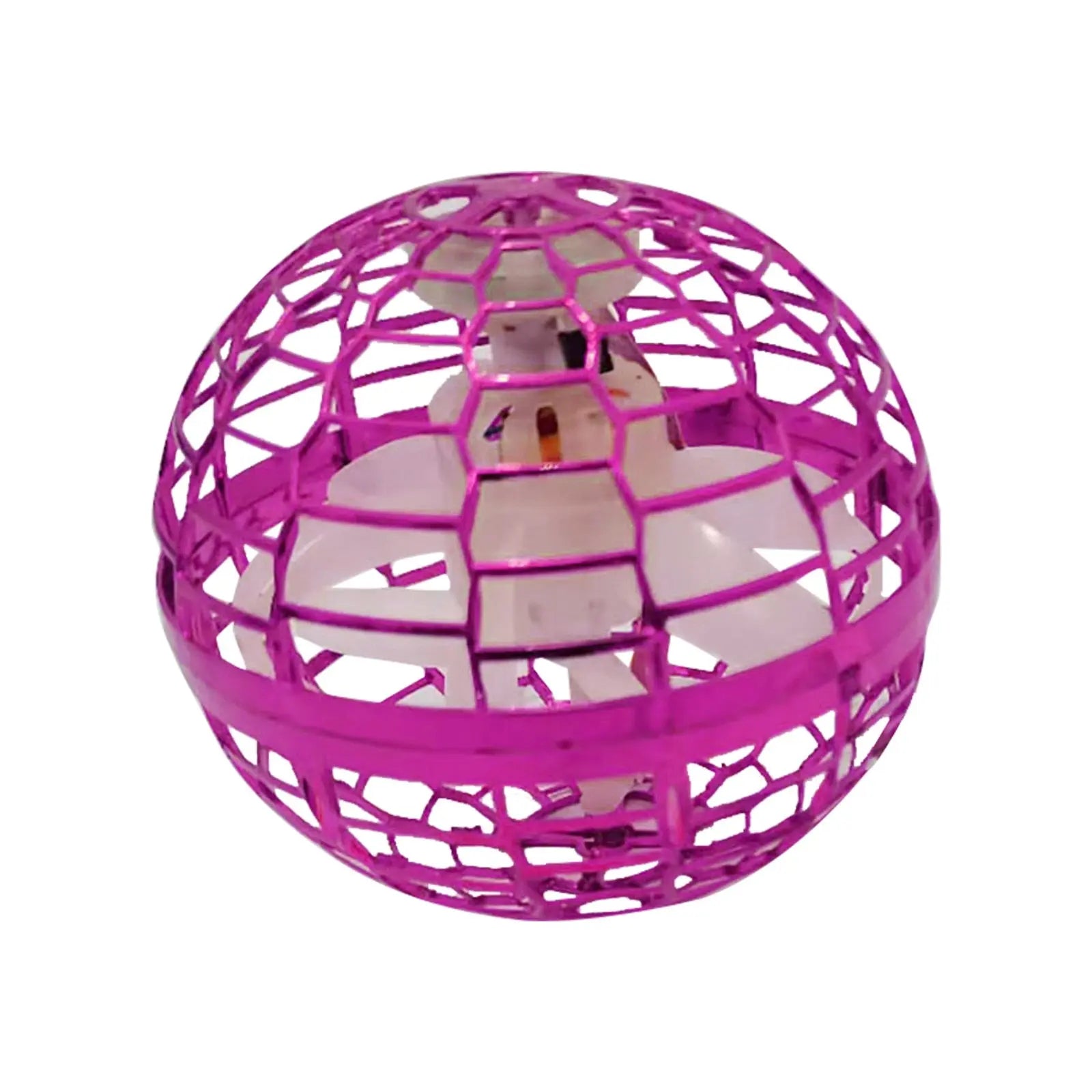 RoboFly flying toy in bright pink with geometric cage design - palm-sized drone ball for indoor play and skill development