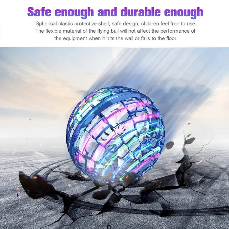 RoboFly™ illuminated flying orb with protective spherical cage in blue and pink LED lights demonstrating durability on impact