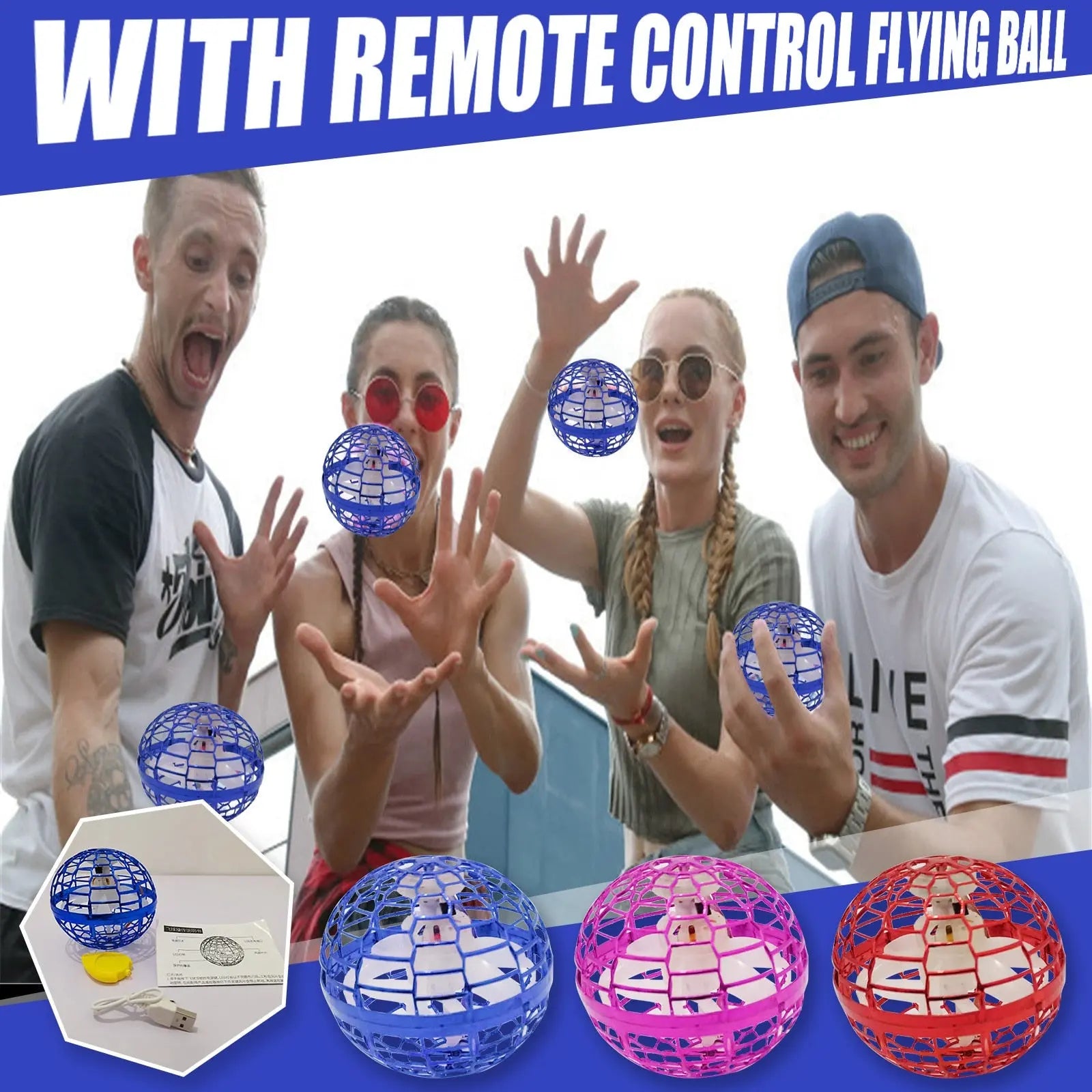 RoboFly flying orb toy shown in blue, pink and red variants with people playing and tossing the illuminated drone ball