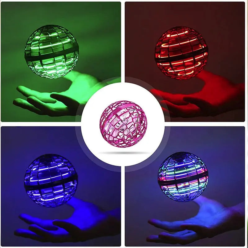 RoboFly illuminated flying orb shown in green, red, blue, and pink variations hovering over hands with ambient glow effect