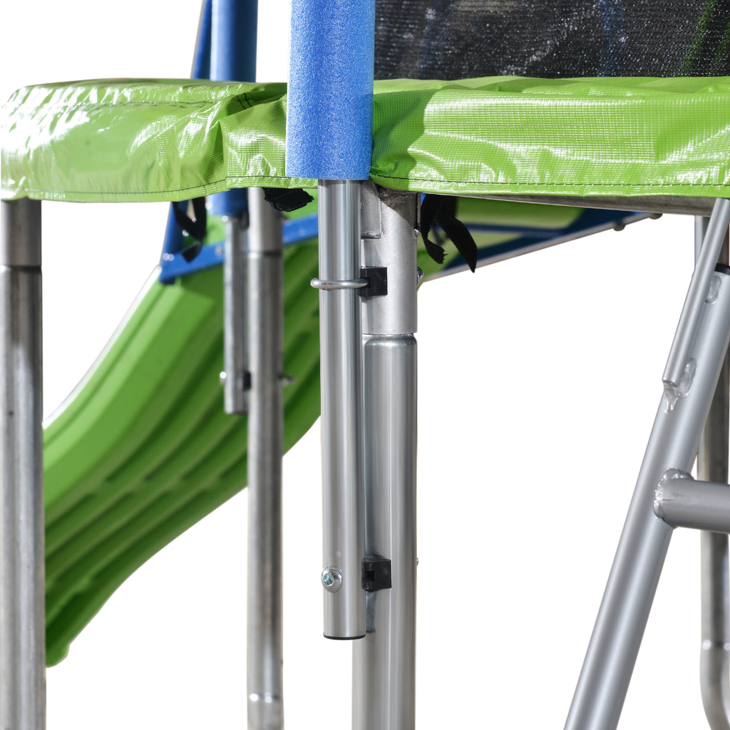 HighPeak Trampoline with Playground featuring green slide, safety net, and durable steel frame close-up detail in backyard setting