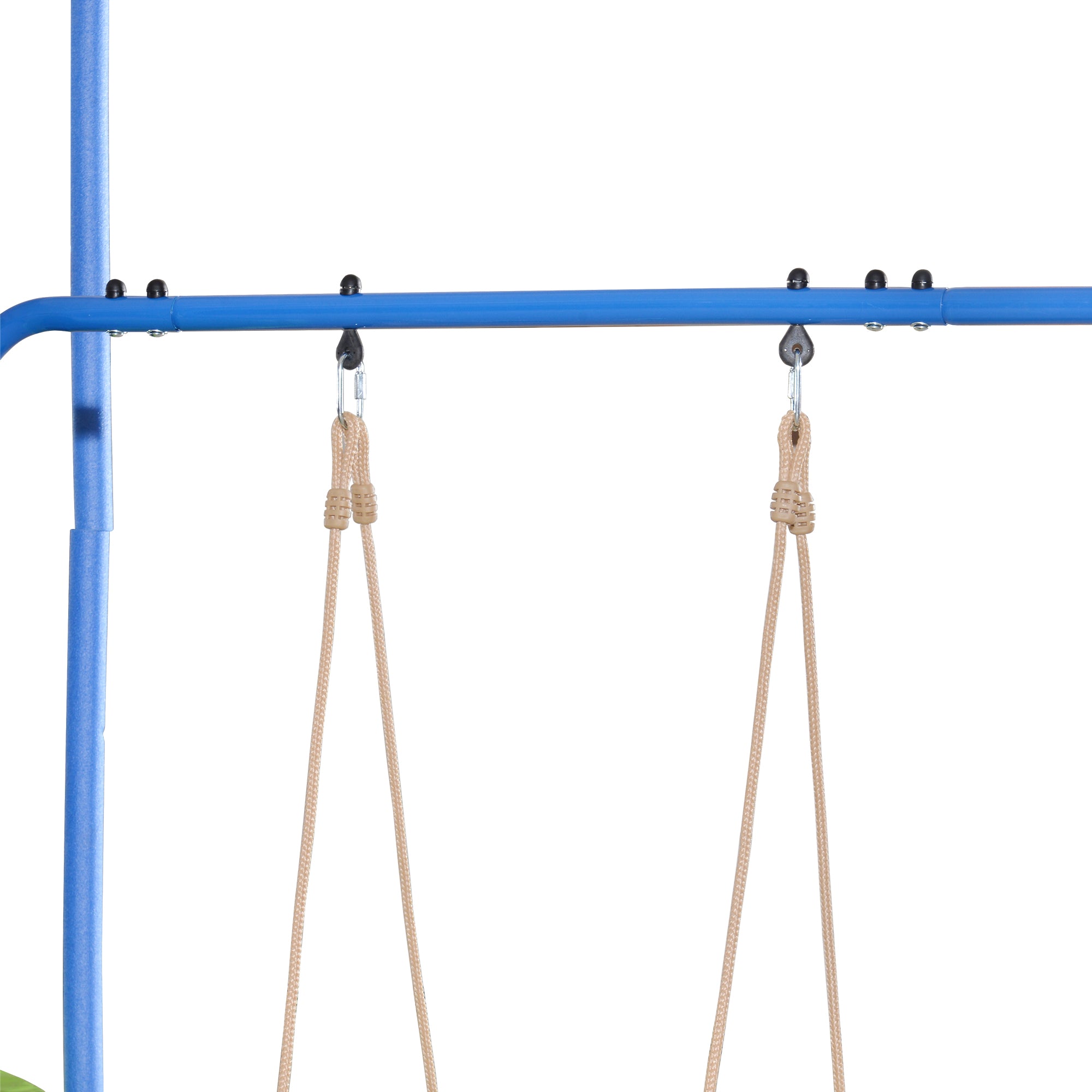 HighPeak Trampoline with Playground blue swing frame with beige rope swings hanging on white background