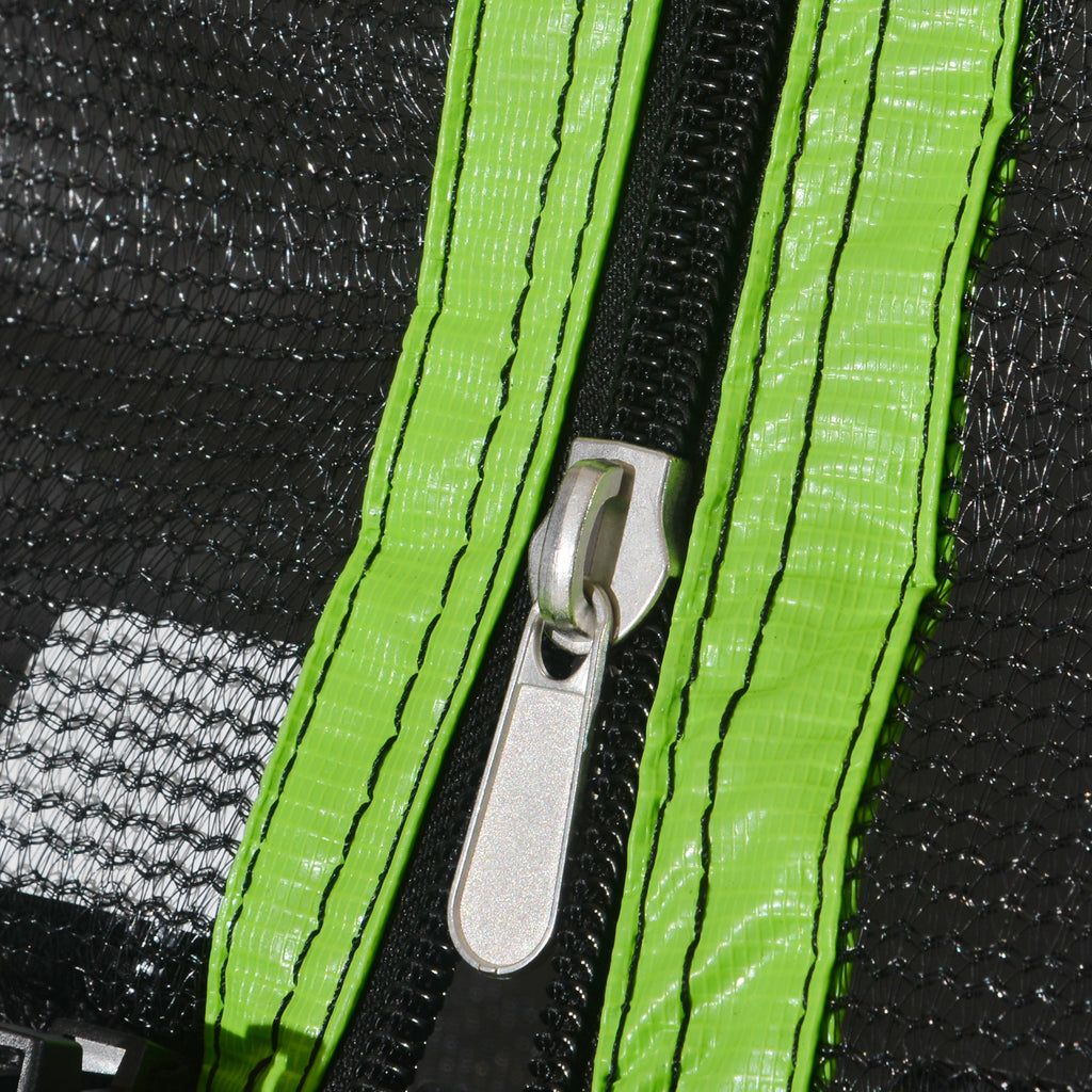 HighPeak Trampoline with Playground close-up of green-edged safety net zipper showing durable design and secure enclosure.