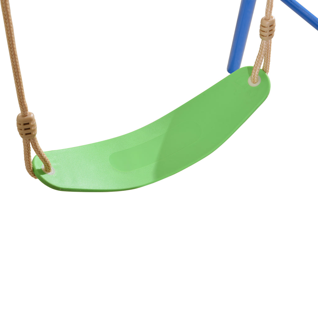 HighPeak Trampoline with Playground green swing seat attached to blue frame with natural rope suspension