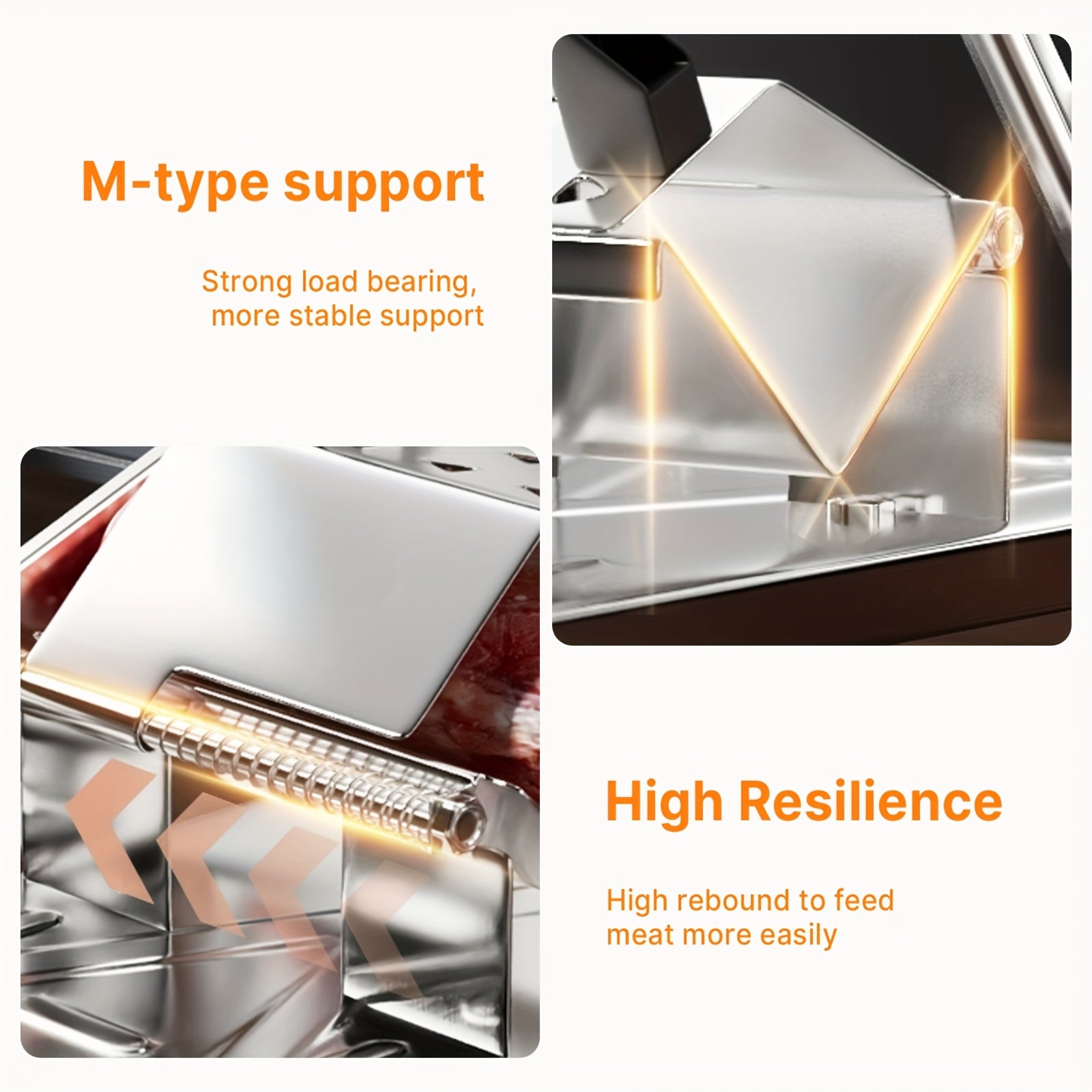 HighPeak Manual Meat Slicer close-up showing stainless steel M-type support and resilient blade feed mechanism