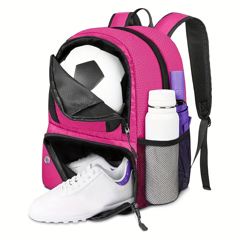 GearGoal™ All Sport Backpack in pink with separate shoe compartment, ball pocket, and side bottle slots for athletes