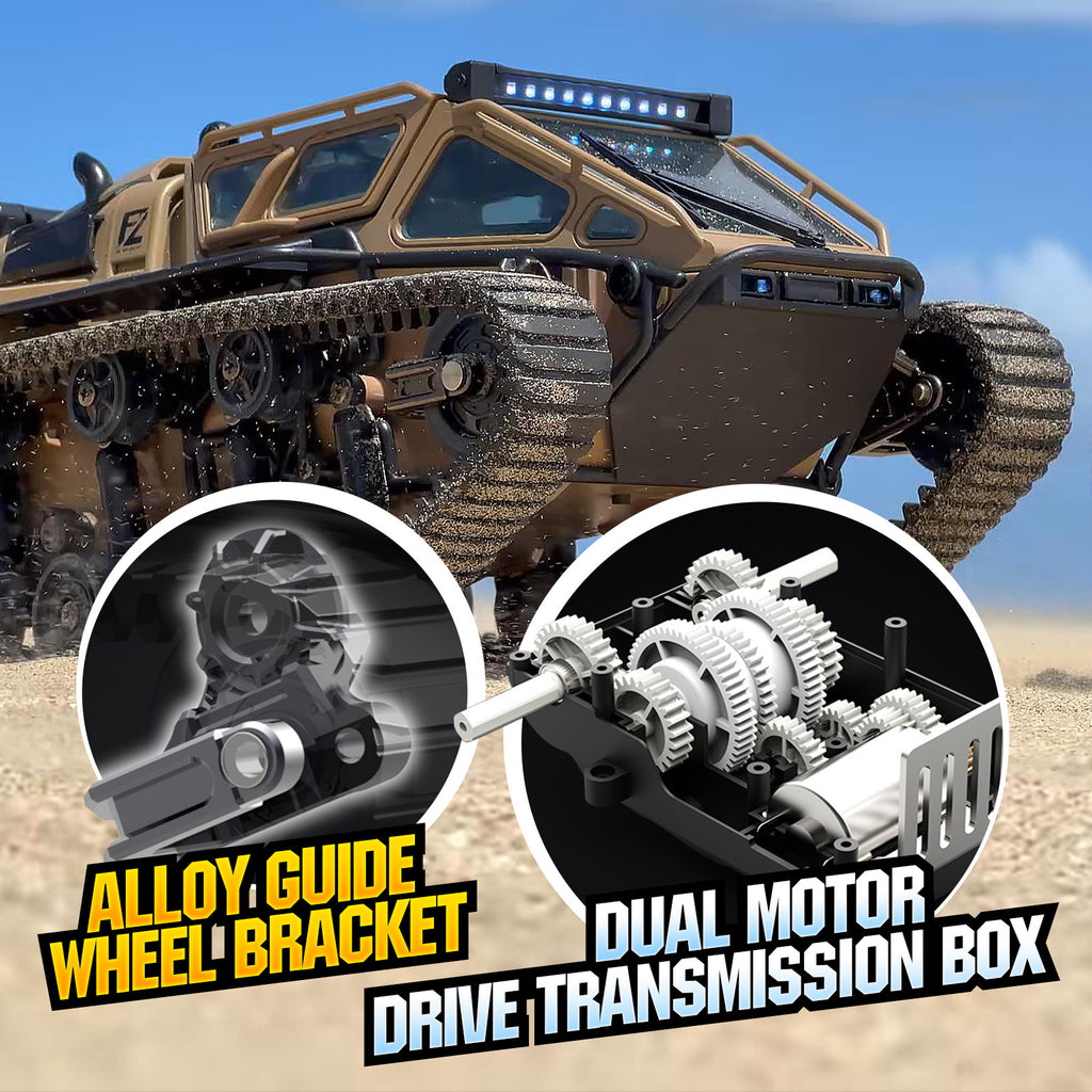 HighPeak WarBeast RC Tank in brown with tracked treads and dual motor transmission on sandy terrain showcasing alloy parts