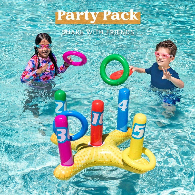 HighPeak 2-in-1 Inflatable Pool Toss Game with colorful rings and numbered targets in pool with kids playing
