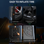 RoadRevive™ jump starter in black shown inflating a car tire with digital controls and air nozzle at night outdoors